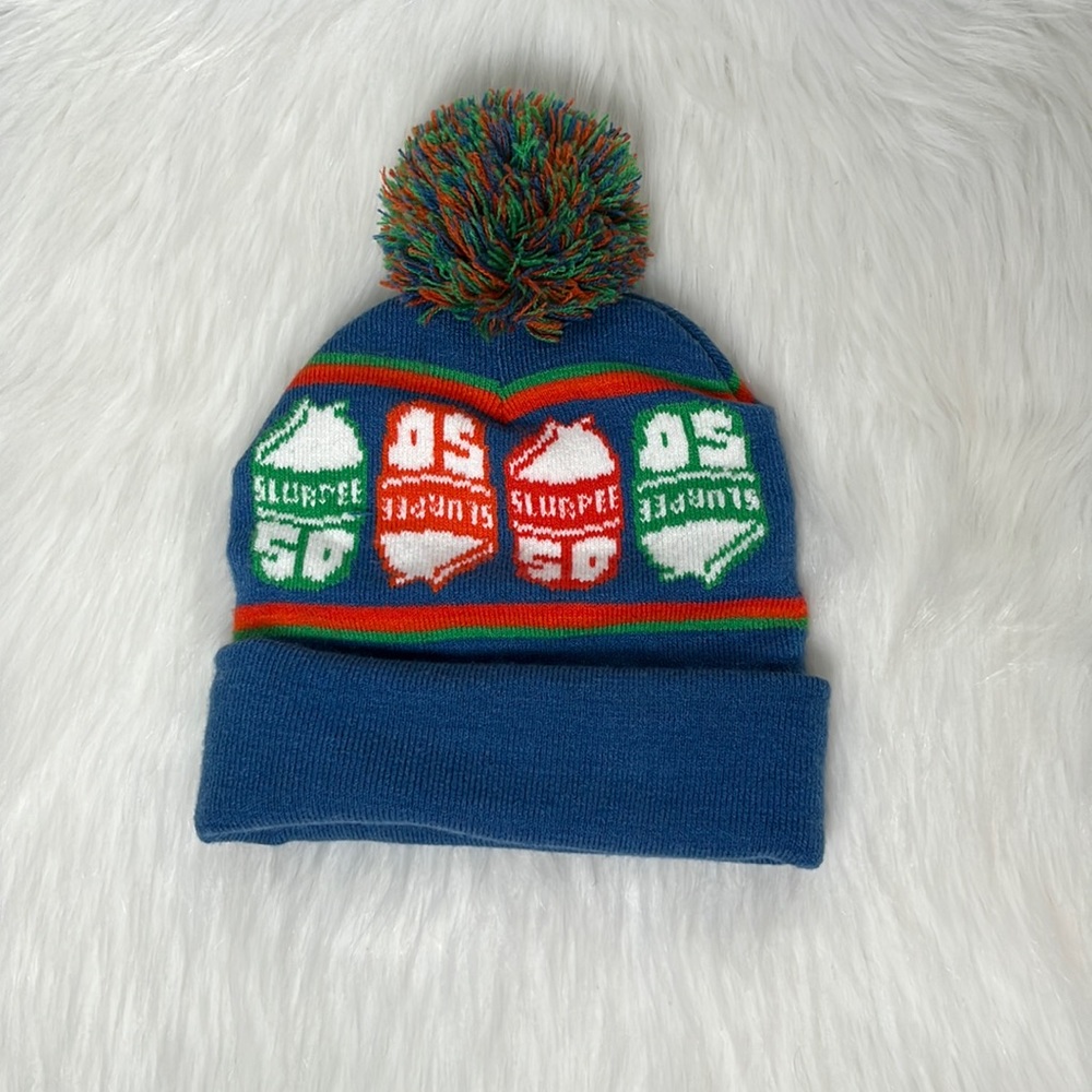 7 11 50th Anniversary Slurpee Beanie Toque Blue Hat with Pom